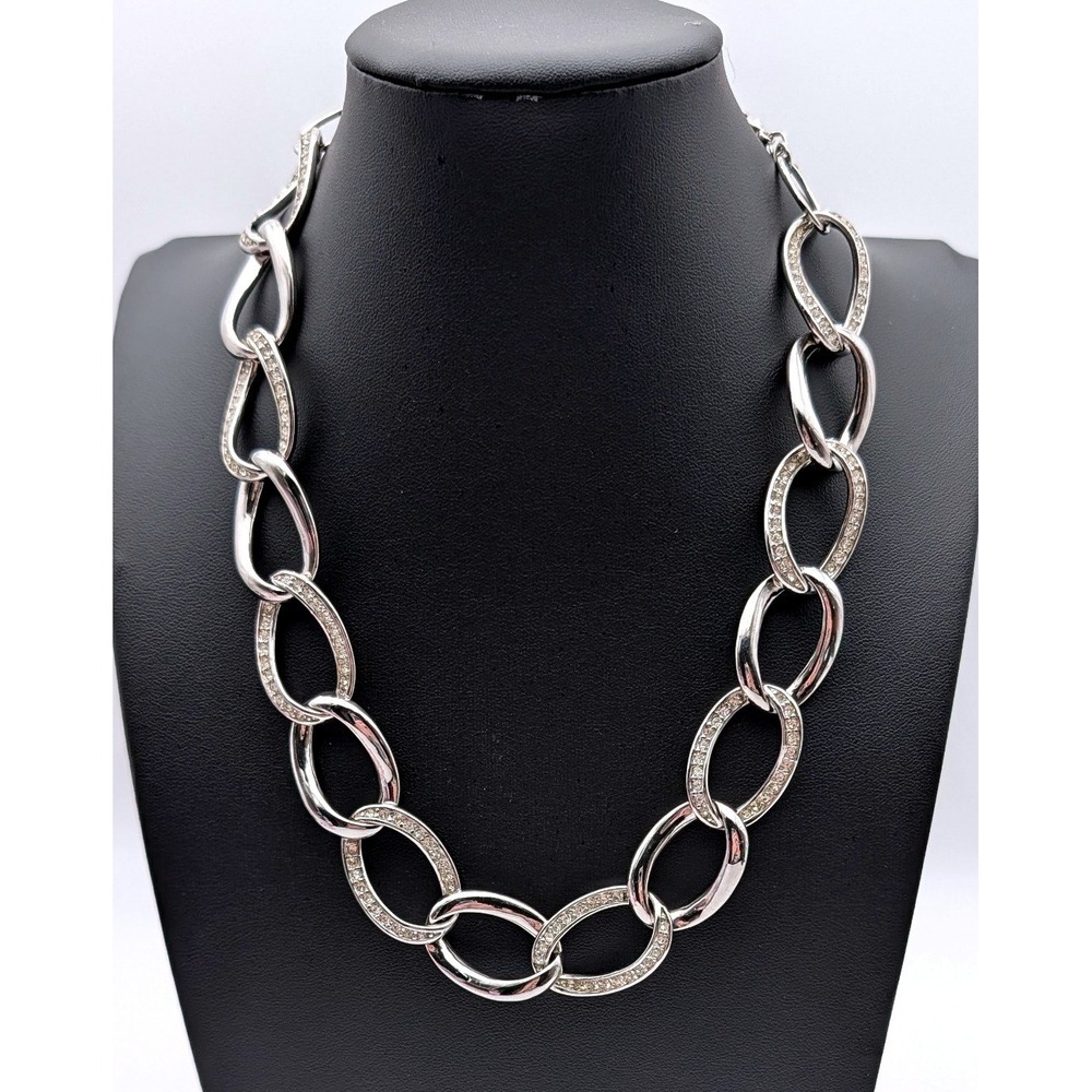 Chico's Silver Tone Chunky Oval Link Pavé Crystal Statement Necklace 19 Inch